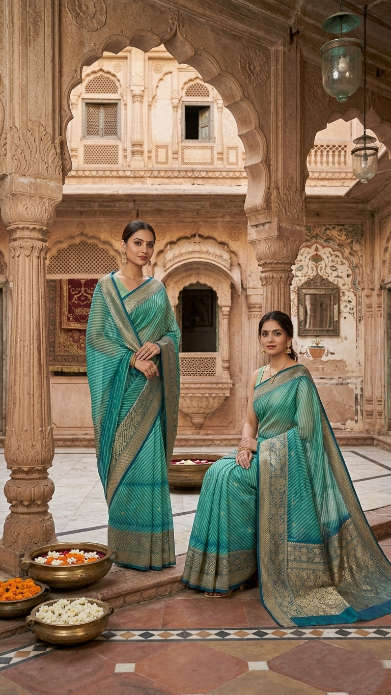 Two models in a Banarasi courtyard. One standing and the other sitting on a step. They are wearing a handloom Kora Tissue silk saree with turquoise and green hand-dyed Arasi Shibori patterns and a gold and silver zari border and pallu.
