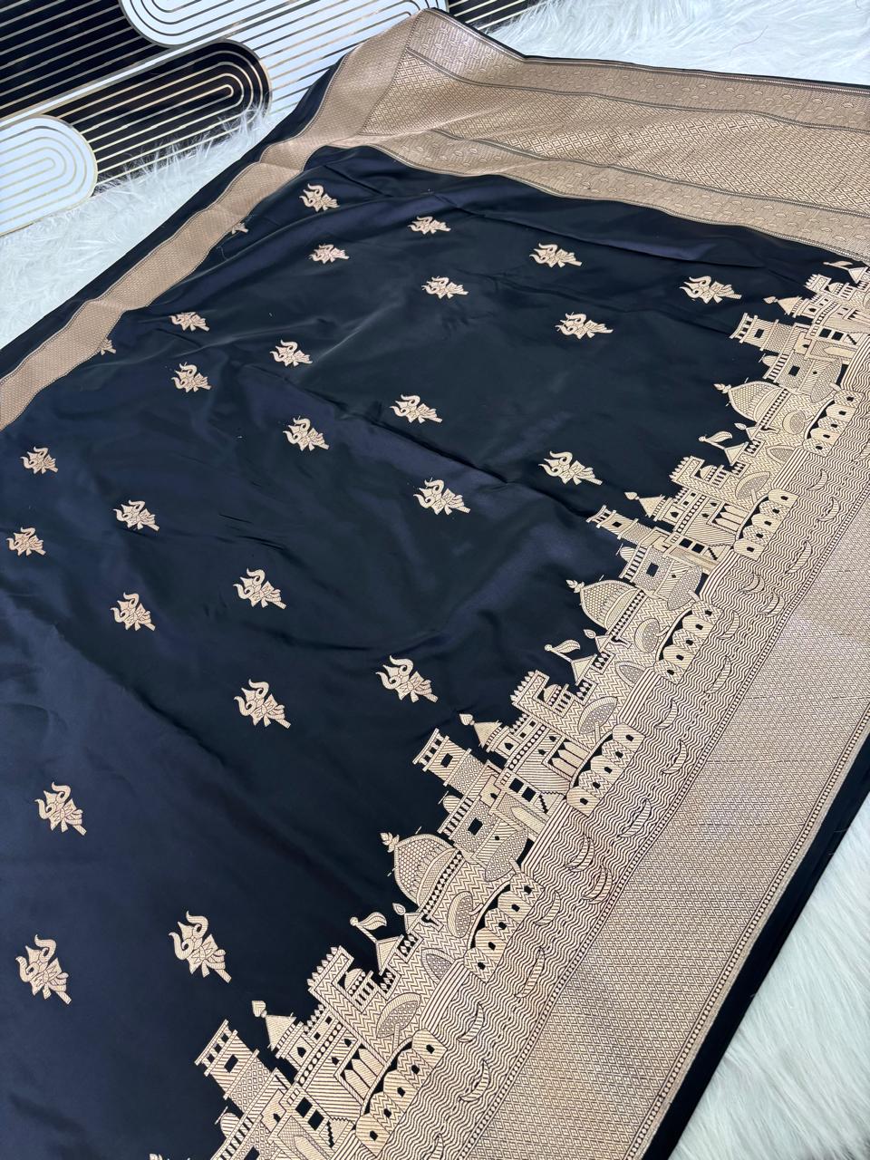 Black Banarasi Mashru Silk Kashi Ghat Saree