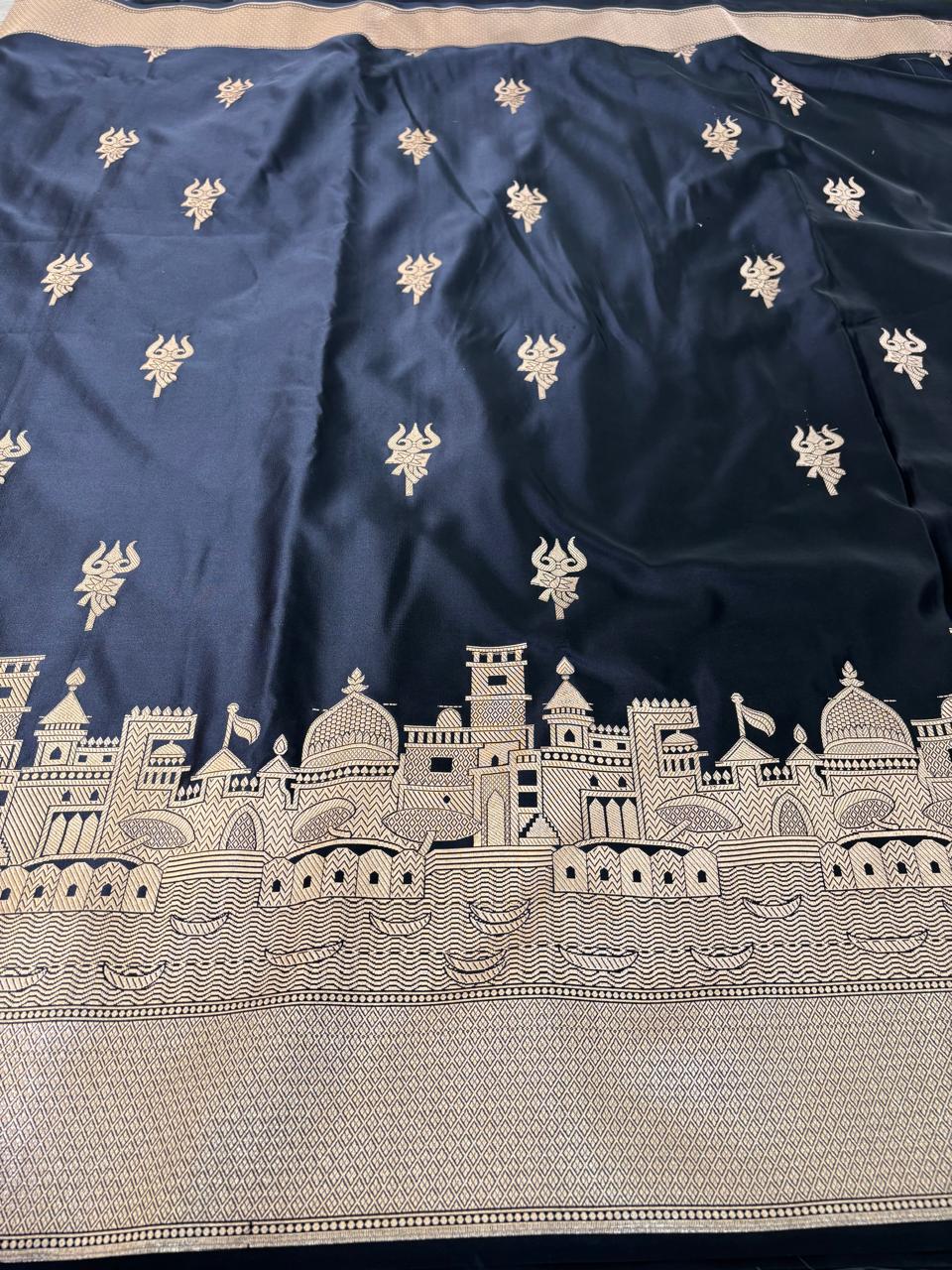 Black Banarasi Mashru Silk Kashi Ghat Saree