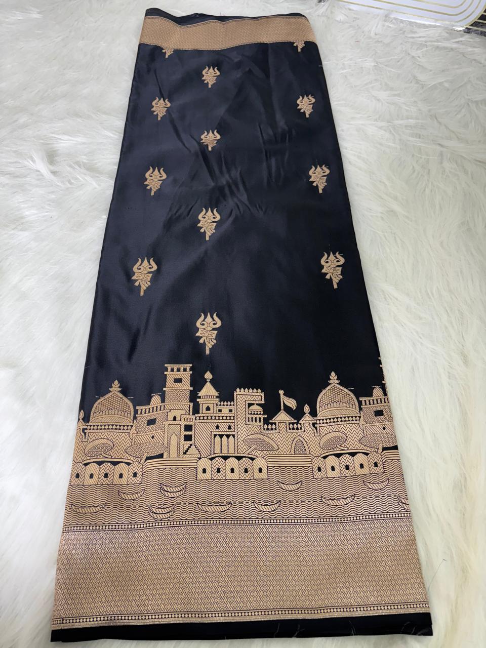 Black Banarasi Mashru Silk Kashi Ghat Saree
