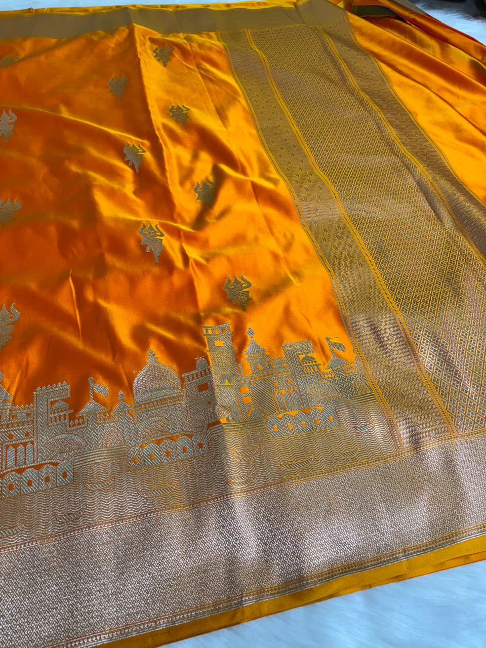 Orange Blue Banarasi Mashru Silk Kashi Ghat Saree