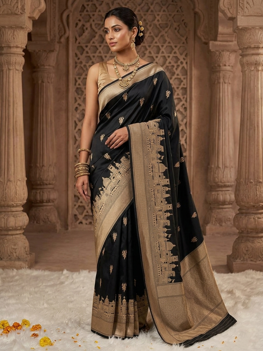 Black Banarasi Mashru Silk Kashi Ghat Saree