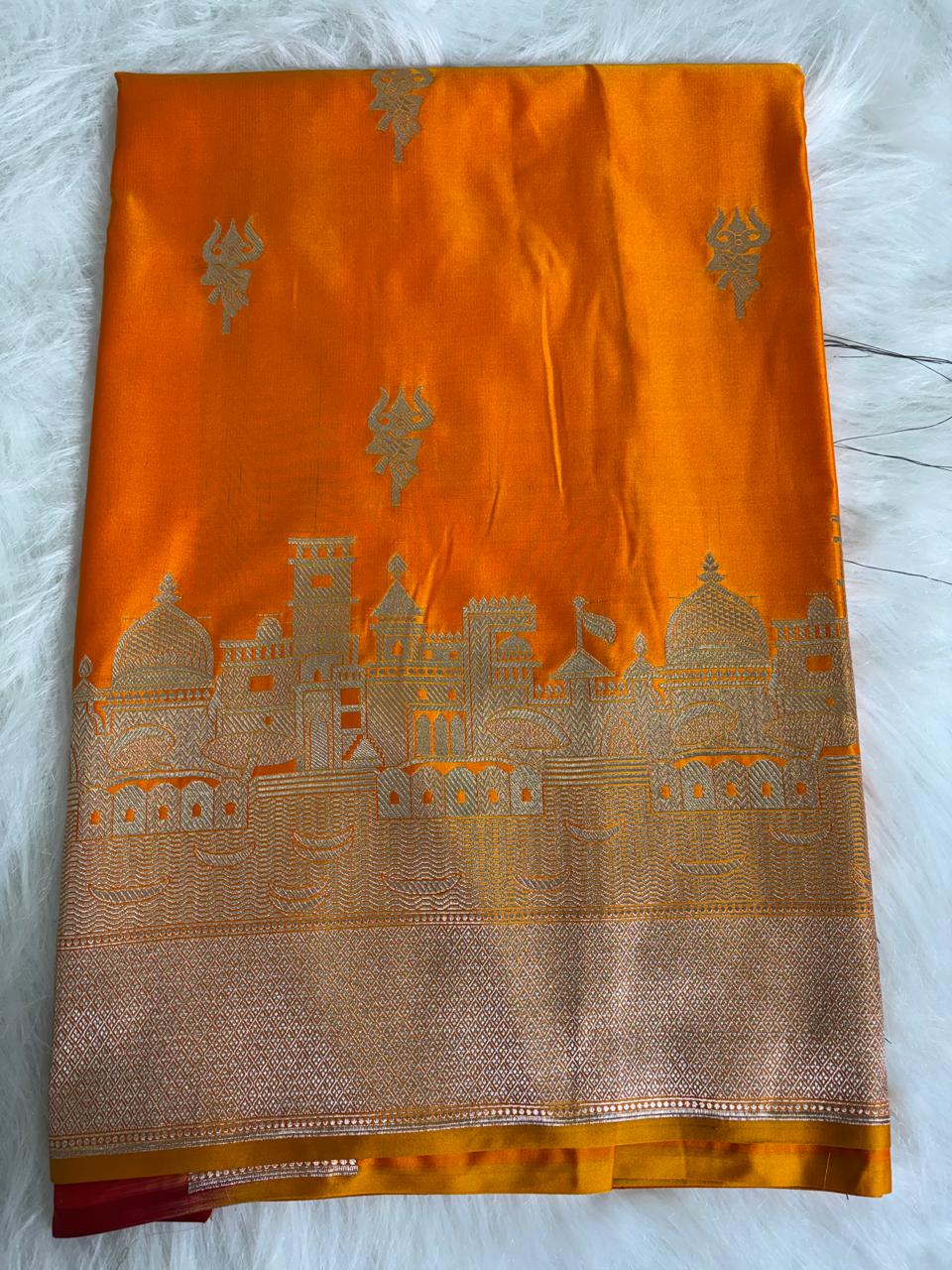 Orange Blue Banarasi Mashru Silk Kashi Ghat Saree