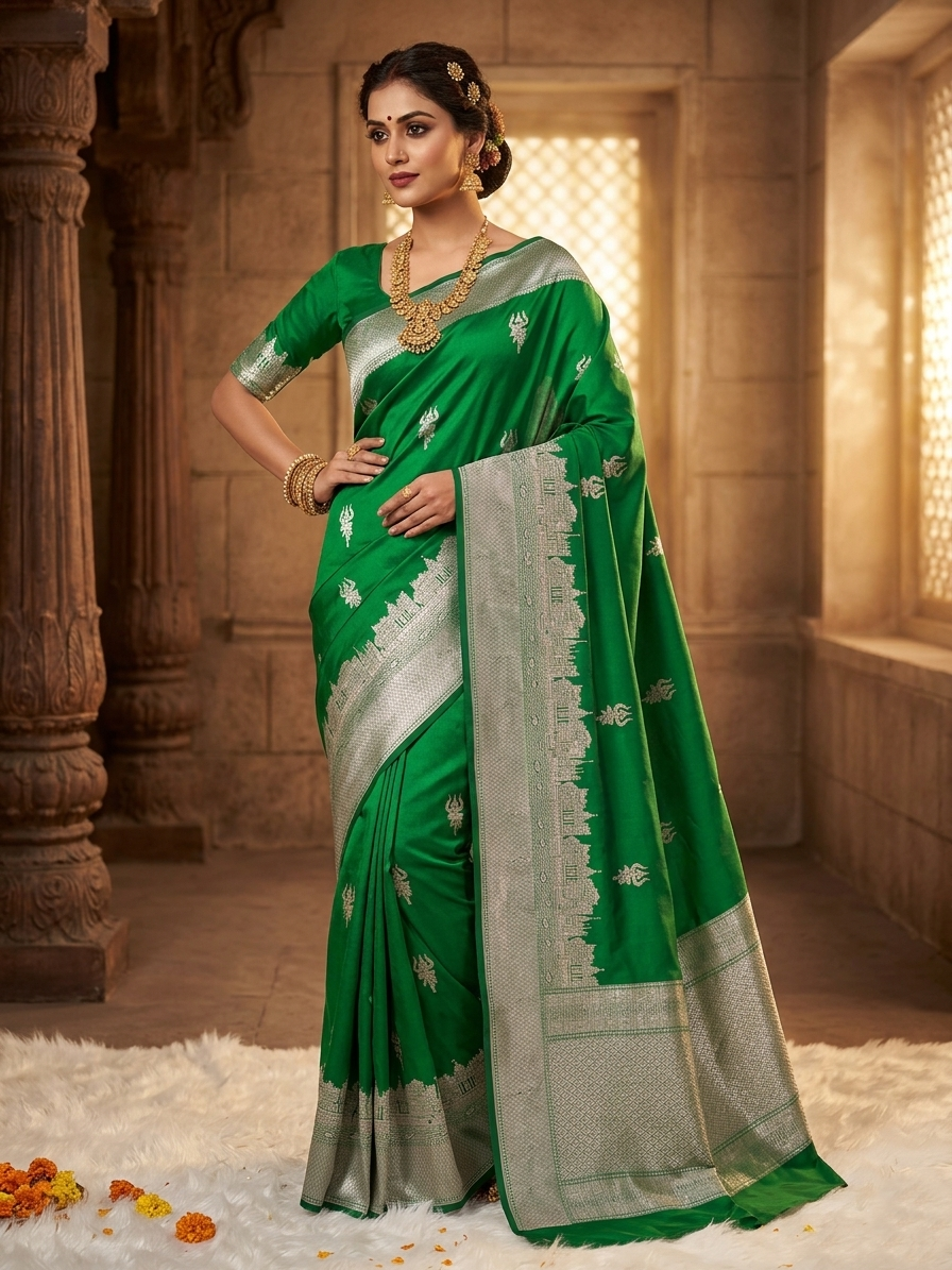 Green Blue Banarasi Mashru Silk Kashi Ghat Saree