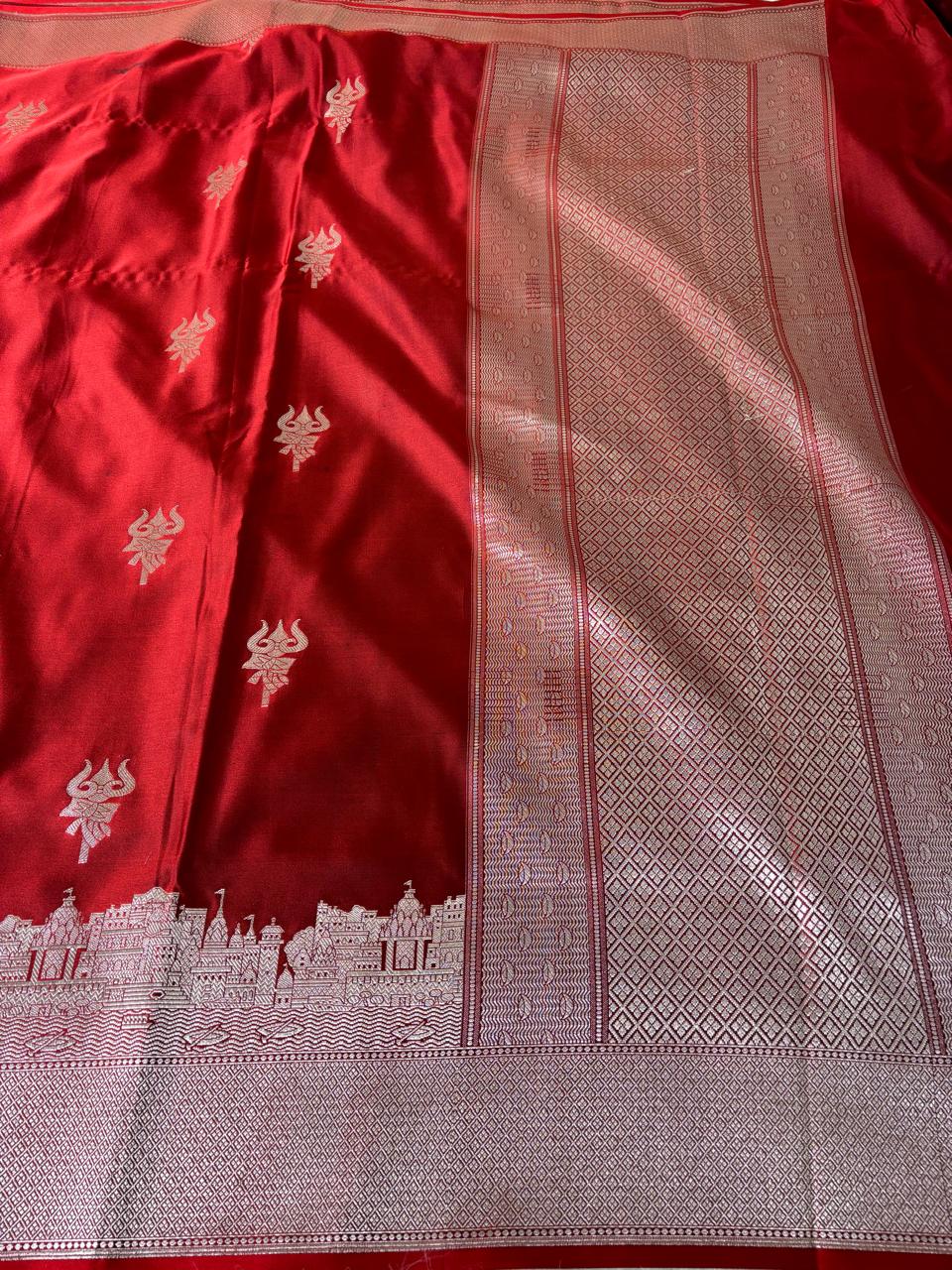 Red Banarasi Mashru Silk Kashi Ghat Saree