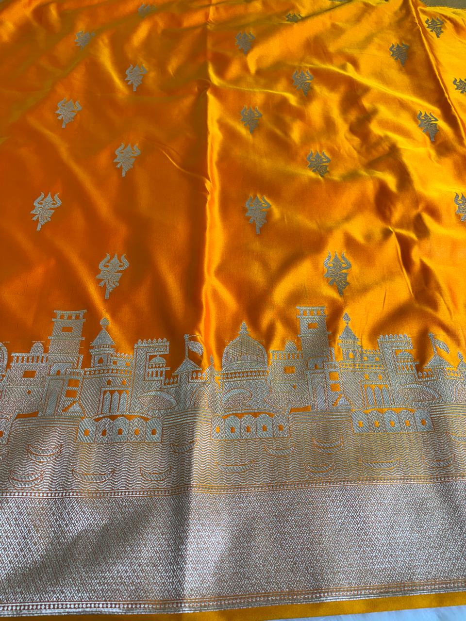 Orange Blue Banarasi Mashru Silk Kashi Ghat Saree
