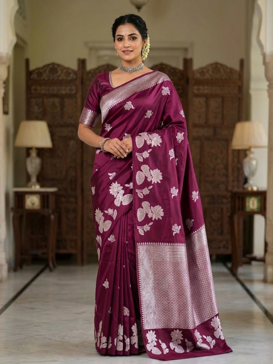 A model wearing a deep wine-colored Banarasi Mashru silk saree featuring elaborate silver zari floral motifs and a chevron-patterned border in a classic heritage interior.