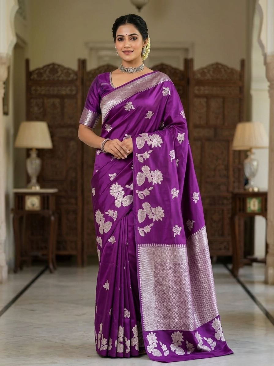 A model presenting a luxurious purple Banarasi Mashru silk saree featuring extensive silver zari floral motifs, a geometric zig-zag border, and a coordinating silver-bordered blouse in a regal heritage setting.