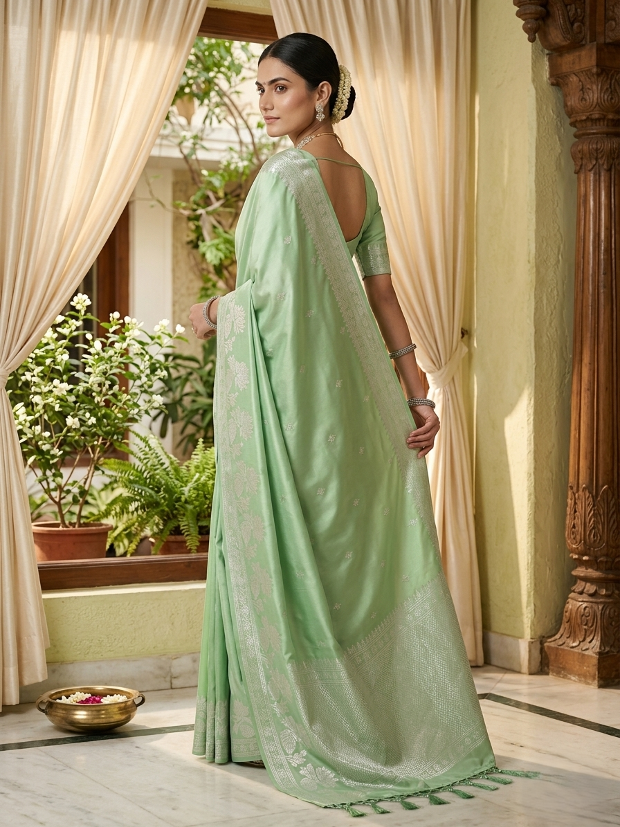 A model elegantly draped in a pastel green Banarasi Mashru silk saree with silver zari floral motifs, standing in a sunlit heritage courtyard with traditional decor.