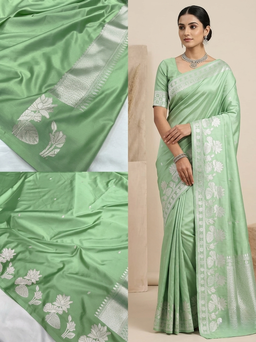 A model elegantly draped in a pastel green Banarasi Mashru silk saree with silver zari floral motifs, standing in a sunlit heritage courtyard with traditional decor.