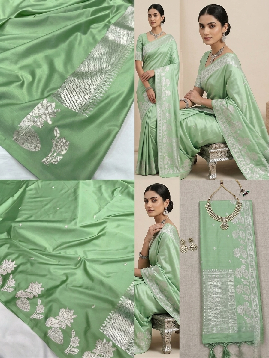 A model elegantly draped in a pastel green Banarasi Mashru silk saree with silver zari floral motifs, standing in a sunlit heritage courtyard with traditional decor.