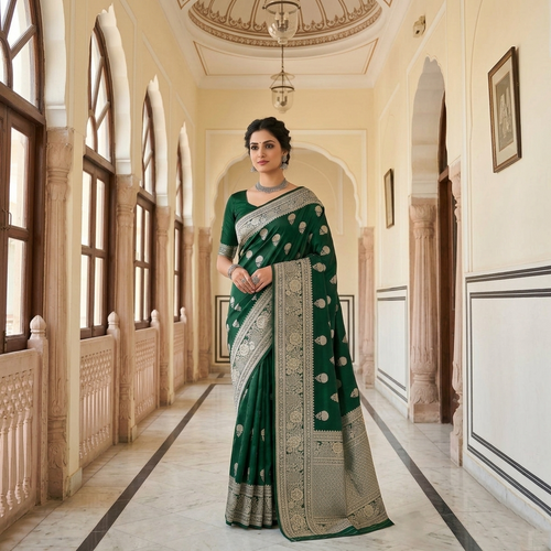A stunning deep bottle green Banarasi Mashru soft silk saree, adorned with intricate, traditional floral and paisley patterns handwoven using shining copper zari throughout the border, pallu, and body.
