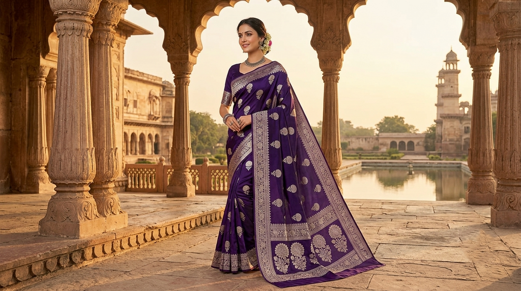 A model elegantly draped in a majestic dark purple Banarasi Mashru soft silk saree featuring elaborate silver and gold zari borders and matching floral motifs, posing under a historical heritage archway.