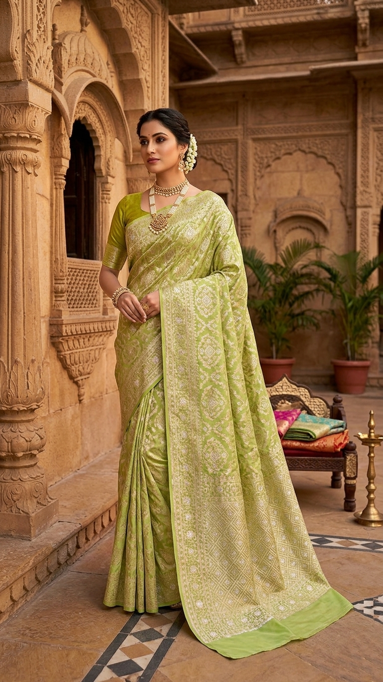 Elegant model draped in a pastel green Banarasi mercerised cotton saree featuring gold and silver Sona Rupa zari weaving, set against a luxury boutique backdrop.