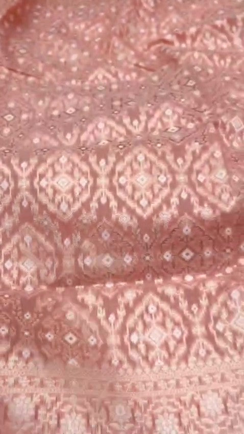 Pastel peach Banarasi mercerised cotton saree with intricate Sona Rupa silver and gold zari weaving, posed against a modern architectural background.