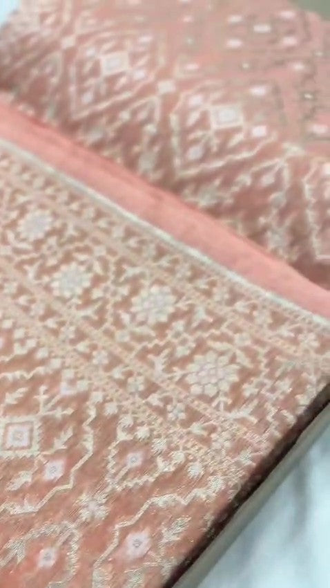 Pastel peach Banarasi mercerised cotton saree with intricate Sona Rupa silver and gold zari weaving, posed against a modern architectural background.
