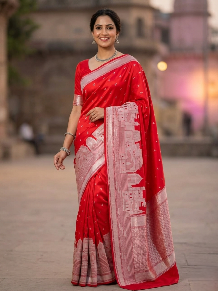 Red Banarasi Kashi Ghat Mashru Silk Copper Zari Saree