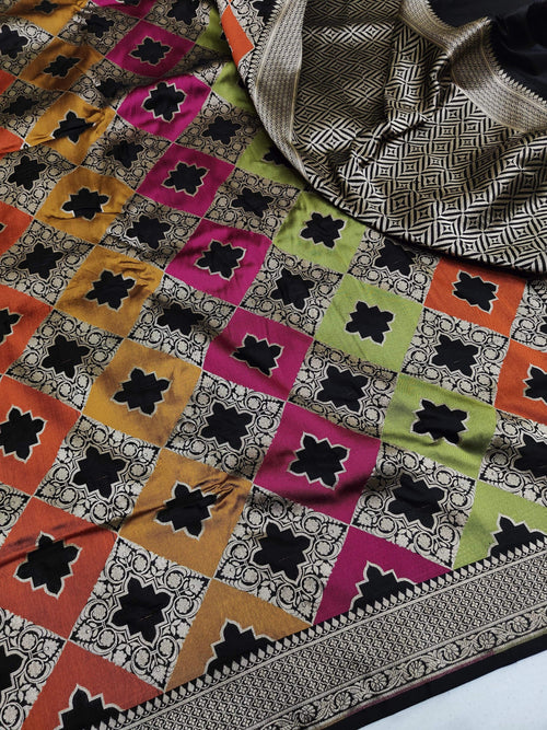 Black Banarasi Handloom Pure Katan Silk Rangkaat Meenakari Saree