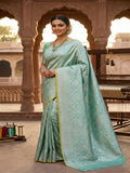 Shop our premium Dual Tone Turquoise Banarasi Handloom Katan Silk Saree. Silk Mark Certified for authenticity, this Shikargah masterpiece features rich silver zari weaving, perfect for weddings and heritage collections.