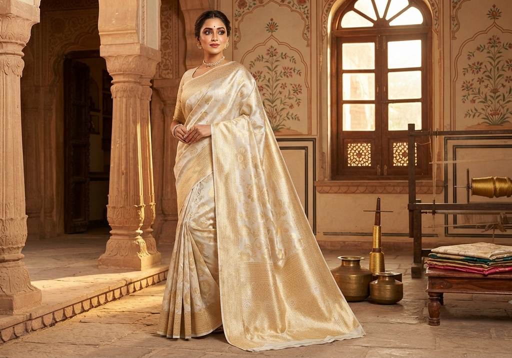 An elegant model showcasing the Ivory Banarasi Handloom Katan Silk Sona Rupa Saree with intricate gold zari and silver work in a traditional setting.