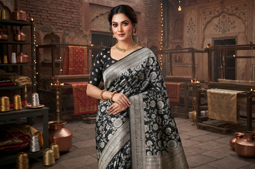A model wearing Sona Rupa Jangla floral and vine pattern woven across the black katan silk saree.