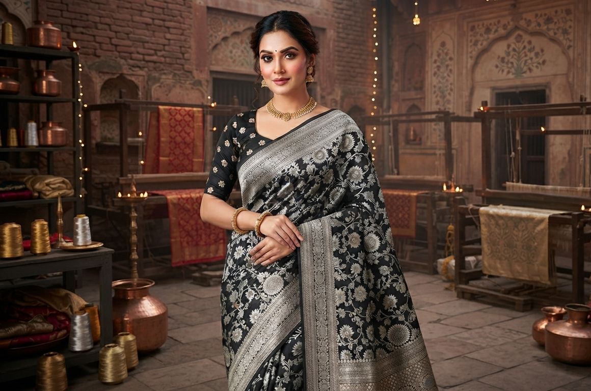 A model wearing Sona Rupa Jangla floral and vine pattern woven across the black katan silk saree.