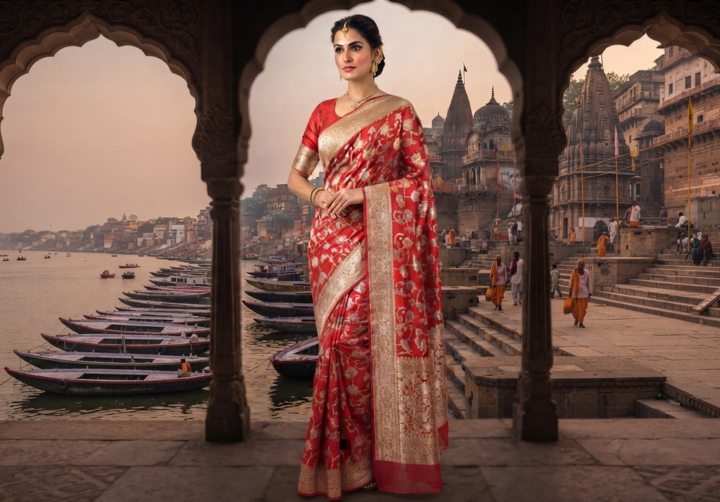 Red Banarasi handloom pure georgette silk saree featuring intricate antique zari weaving, set against an ethnic Varanasi Ghat background.