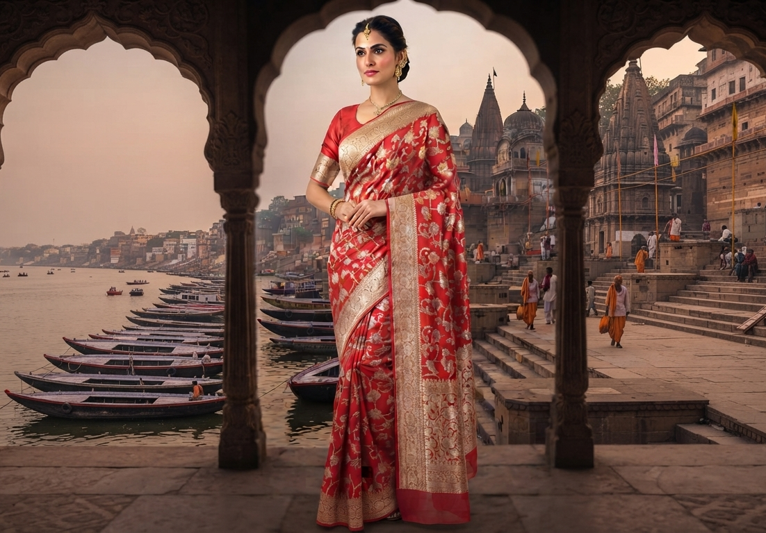 Red Banarasi handloom pure georgette silk saree featuring intricate antique zari weaving, set against an ethnic Varanasi Ghat background.