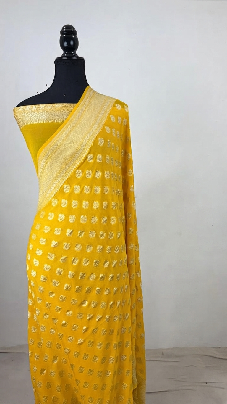 Vibrant Yellow Banarasi handloom pure georgette silk saree with intricate antique silver zari weaving against a traditional artisan background.
