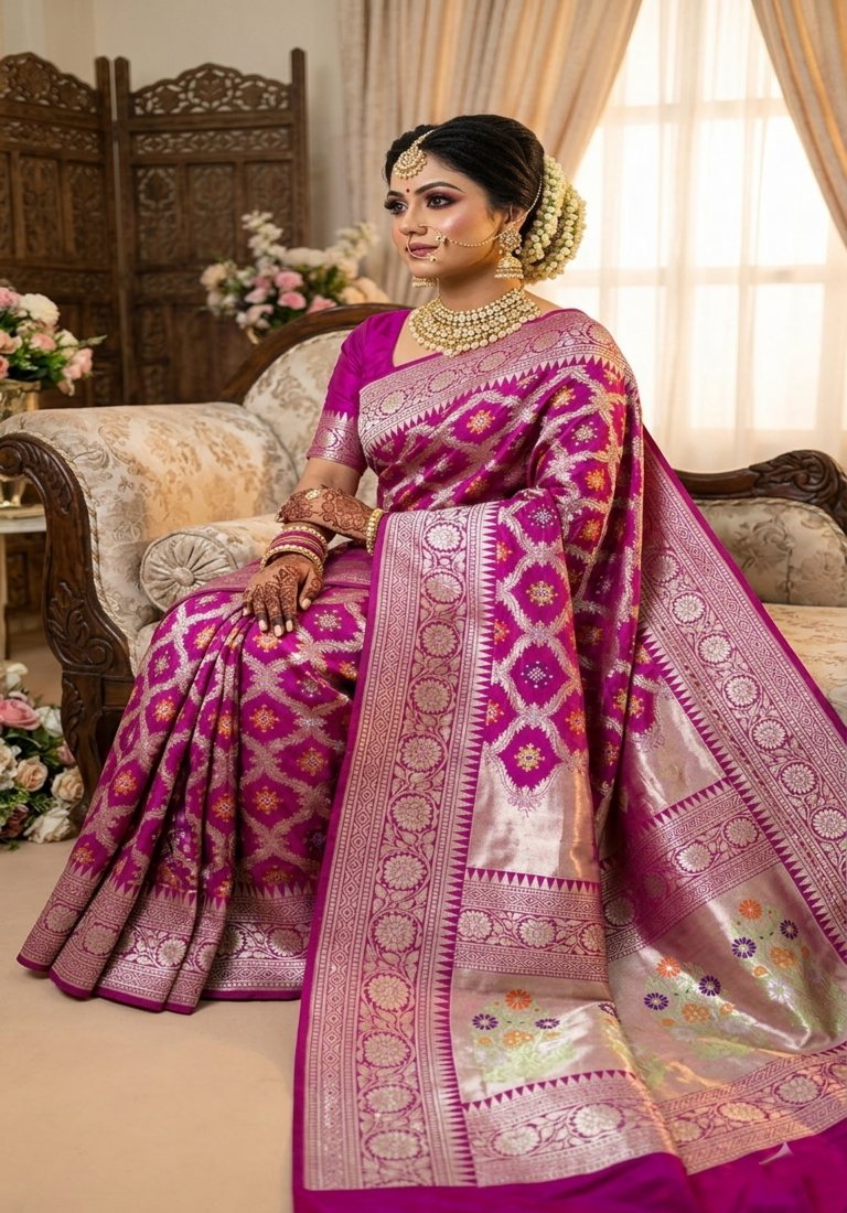 Pink Banarasi Handloom Katan Silk Meenakari Saree