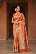 Elegant dual-tone orange Banarasi handloom Katan silk saree with intricate Meenakari floral weaving and gold zari borders.