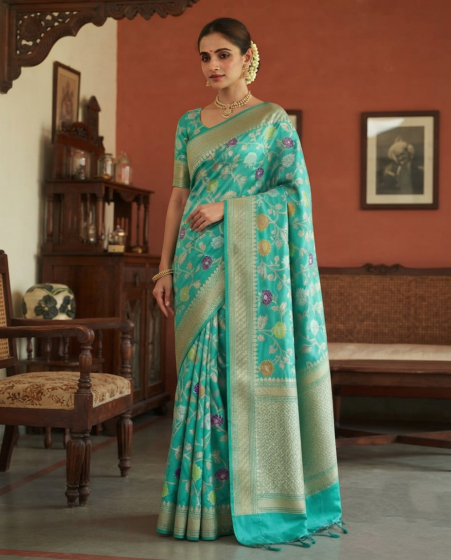 A model wearing an elegant teal Banarasi handloom Katan silk saree with intricate multi-colored Meenakari floral motifs and detailed gold zari borders.