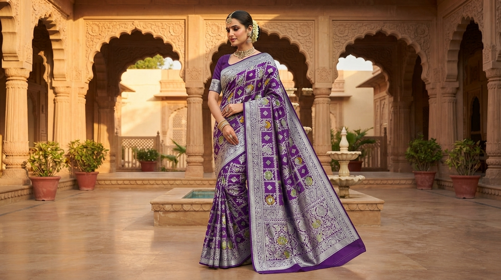 A model gracefully posing in a heritage courtyard wearing a regal purple Banarasi handloom Katan silk saree with intricate multi-colored Meenakari floral motifs and detailed silver zari borders.