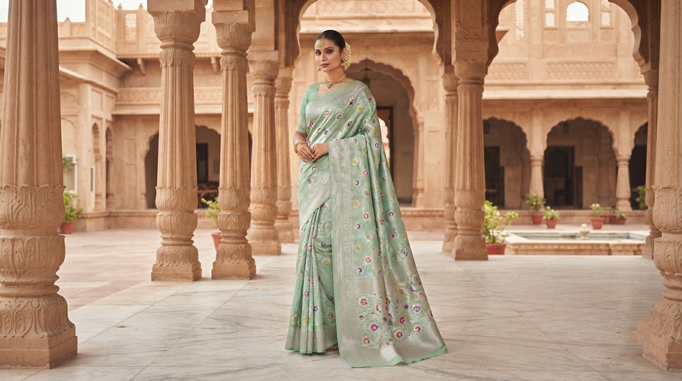 A Model Gracefully Posing In A Heritage Courtyard Wearing A Pista Green Banarasi Handloom Katan Silk Saree With Intricate Multi-Colored Meenakari Floral Motifs And Detailed Silver Zari Borders.