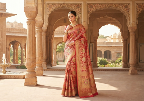 A model gracefully posing in a heritage courtyard wearing a Chilly Red Banarasi Handloom Katan silk saree with intricate multicolored chakram motifs and ornate zari borders.
