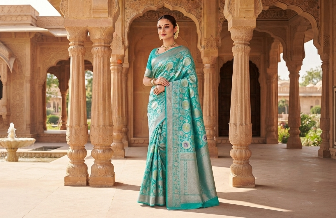 A model gracefully posing in a heritage courtyard wearing a Turquoise Banarasi Handloom Katan Silk Saree with intricate multicolored chakram motifs and ornate zari borders.