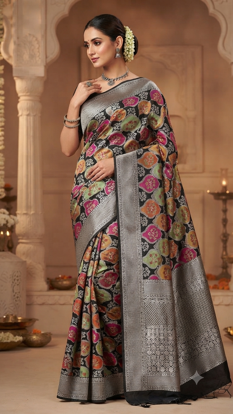 Elegant model wearing a black Banarasi handloom Katan silk Rangkaat Meenakari saree with intricate silver zari work and vibrant motifs.