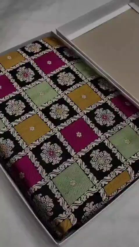Black Banarasi Handloom Rangkaat Katan Silk Saree featuring multicolored checks, intricate motifs, and a rich silver zari pallu.