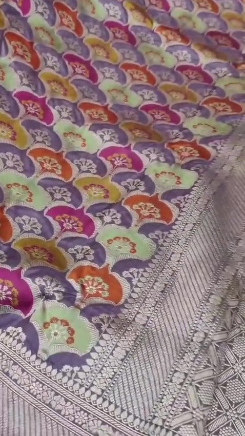 Lavender Banarasi handloom katan silk rangkaat meenakari saree featuring intricate zari weaving.