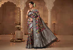 Elegant model wearing a black Banarasi handloom Katan silk Rangkaat Meenakari saree with intricate silver zari work and vibrant motifs.