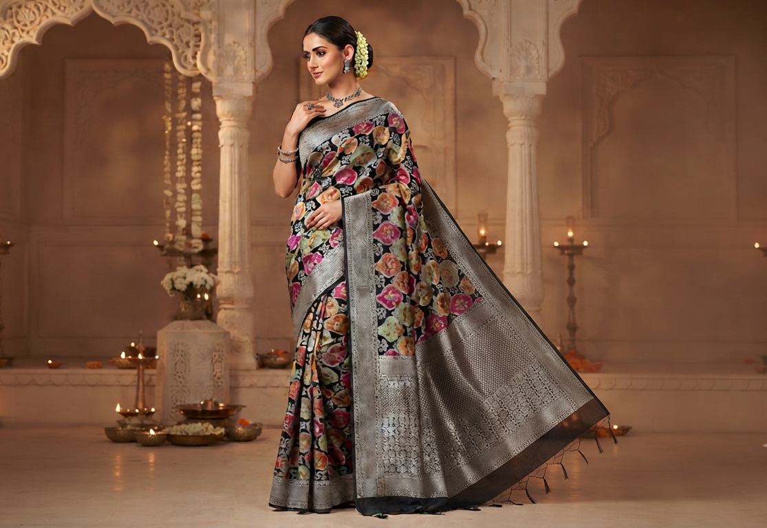 Elegant model wearing a black Banarasi handloom Katan silk Rangkaat Meenakari saree with intricate silver zari work and vibrant motifs.