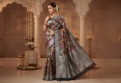 Elegant model wearing a black Banarasi handloom Katan silk Rangkaat Meenakari saree with intricate silver zari work and vibrant motifs.