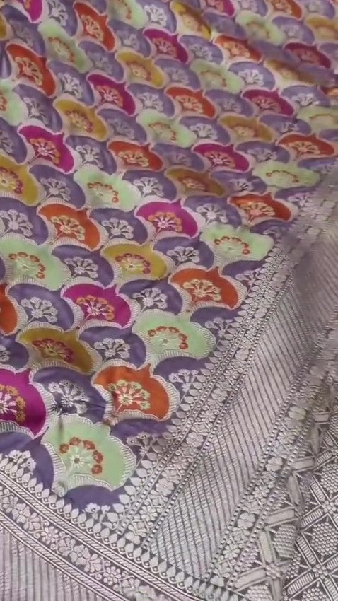 Lavender Banarasi handloom katan silk rangkaat meenakari saree featuring intricate zari weaving.