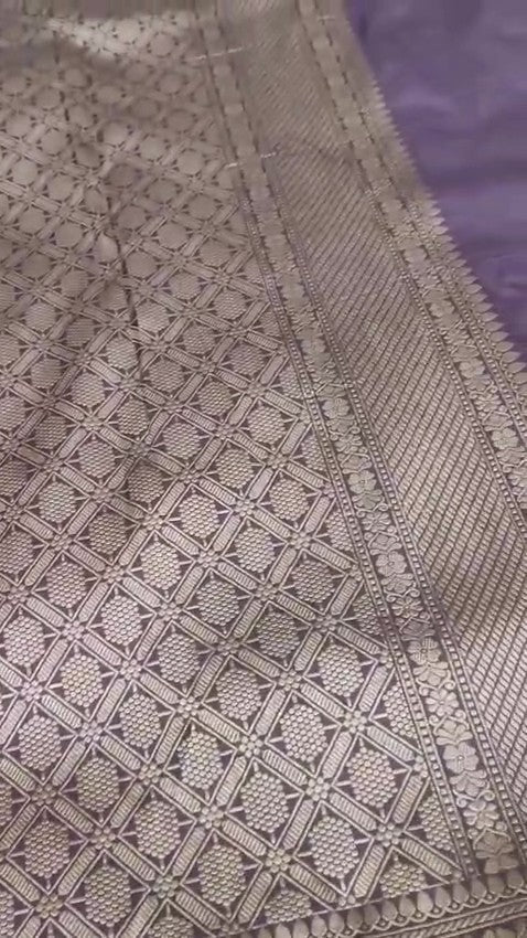 Lavender Banarasi handloom katan silk rangkaat meenakari saree featuring intricate zari weaving.