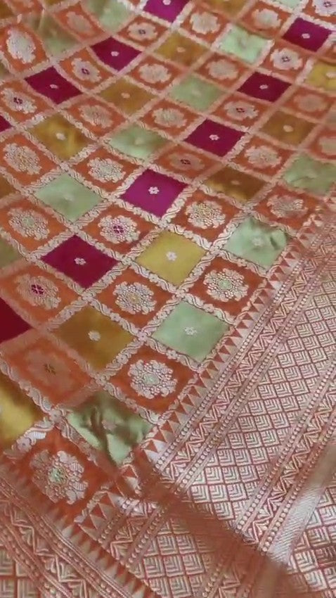 Red Banarasi Handloom Katan Silk Rangkaat Meenakari Saree with intricate gold zari weaving and multicolor meenakari motifs.