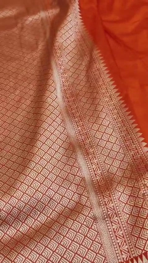 Red Banarasi Handloom Katan Silk Rangkaat Meenakari Saree with intricate gold zari weaving and multicolor meenakari motifs.