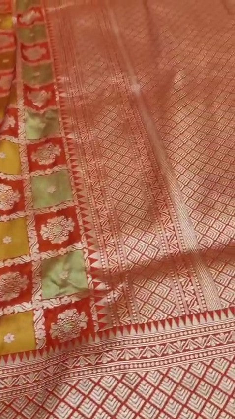 Red Banarasi Handloom Katan Silk Rangkaat Meenakari Saree with intricate gold zari weaving and multicolor meenakari motifs.