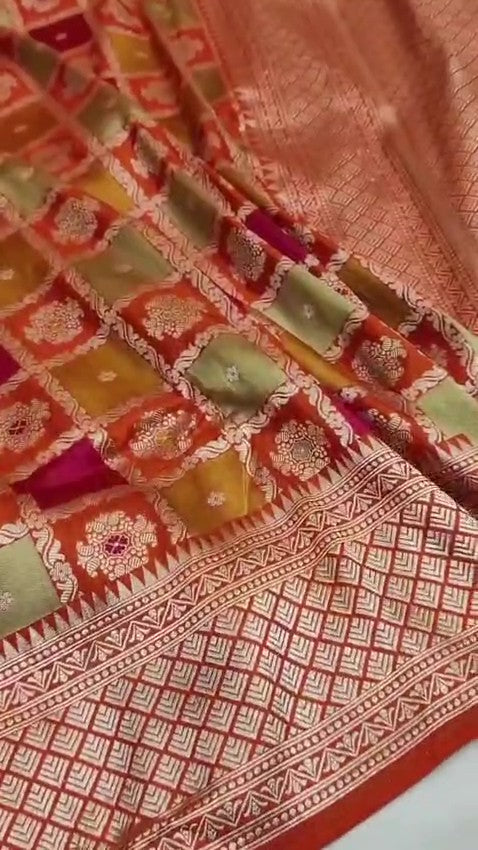 Red Banarasi Handloom Katan Silk Rangkaat Meenakari Saree with intricate gold zari weaving and multicolor meenakari motifs.