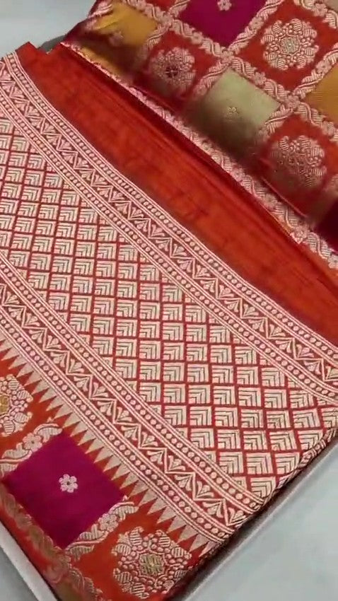 Red Banarasi Handloom Katan Silk Rangkaat Meenakari Saree with intricate gold zari weaving and multicolor meenakari motifs.