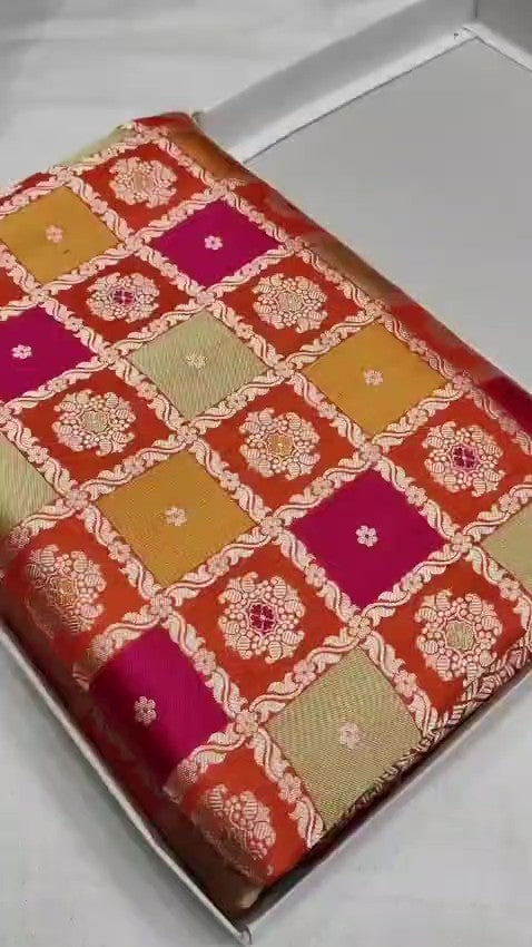 Red Banarasi Handloom Katan Silk Rangkaat Meenakari Saree with intricate gold zari weaving and multicolor meenakari motifs.